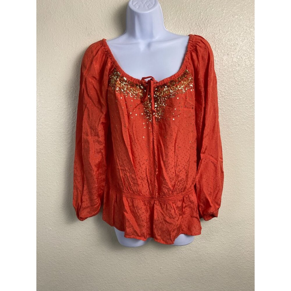 Charter Club Womens Orange Sequin Peasant Top Size Large Petite Boho Long Sleeve